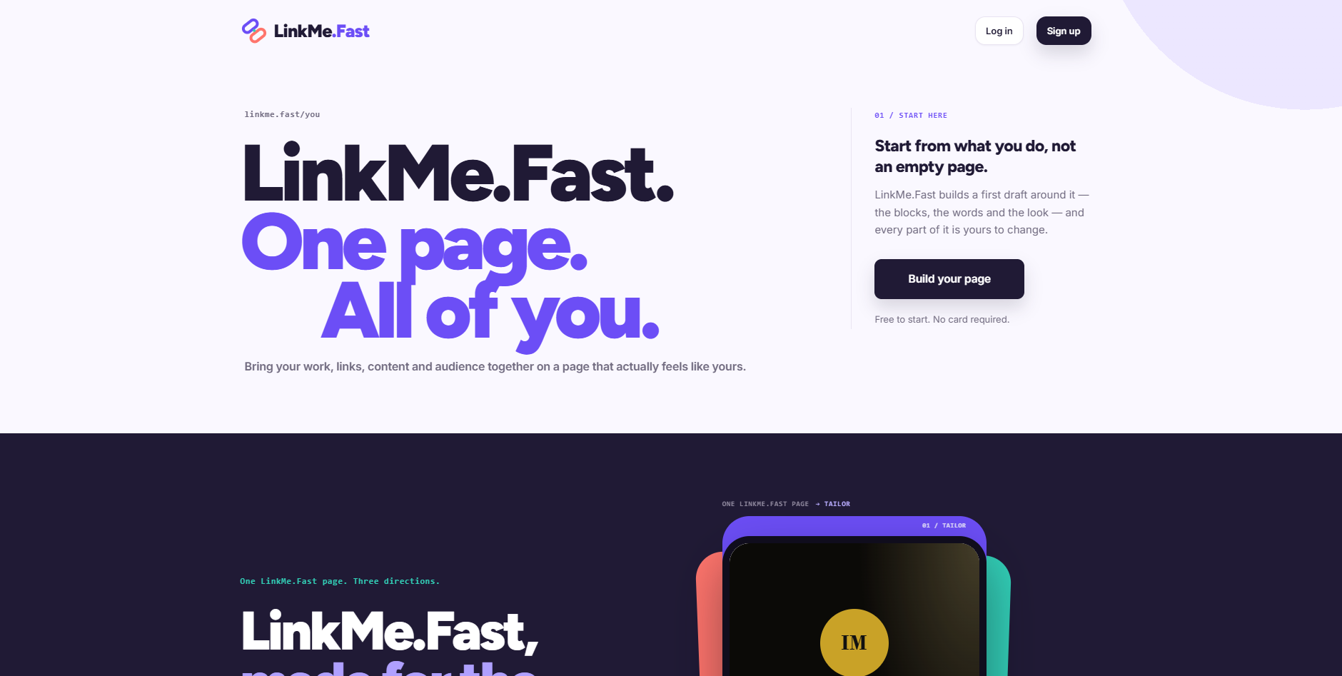 The LinkMe.Fast marketing homepage with the headline One page. All of you.